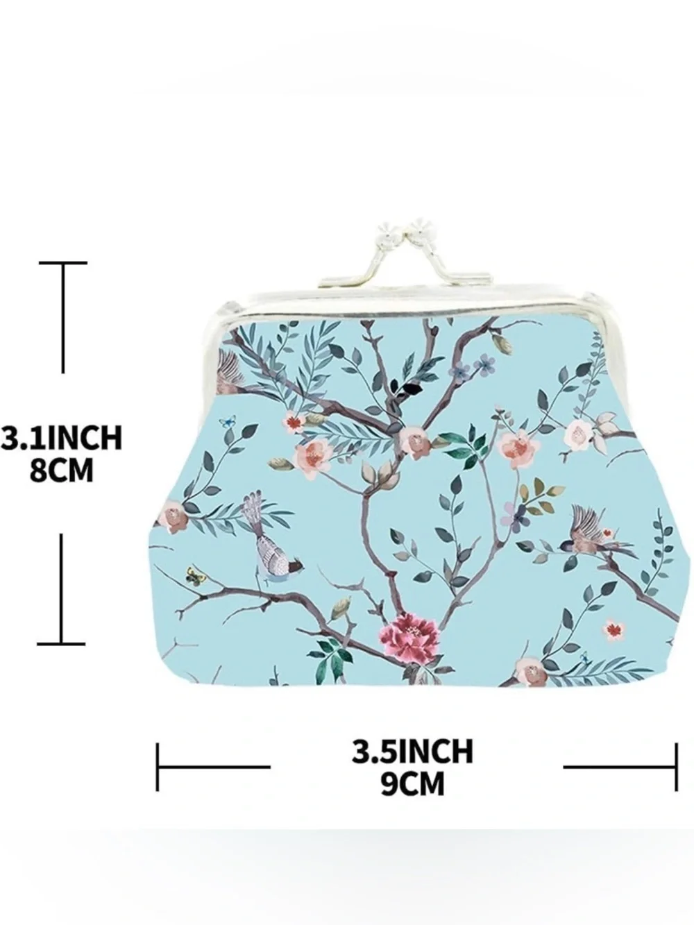 Blue Floral Bird Coin Purse Kiss Lock Clasp Mini Pouch Cottagecore Flowers Chic